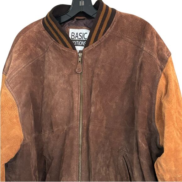 Basic Editions Varsity Jacket Vintage XL 90s Bomber Leather Suede Brown Zip up - Picture 2 of 12